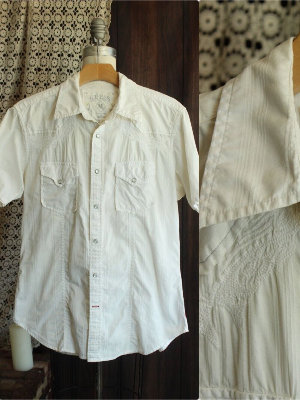 GUESS Mens Size M 2008 Western Pearl Snap Shirt Cream Embroidered Y2K Archive